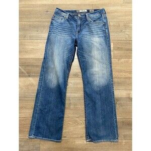BKE Buckle Tyler Mens 34L 34X34 Thick Stitch Stretch Blue Denim Jeans Whiskers